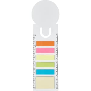 A bookmark ruler sticky note pad featuring a range of coloured sticky notes and a ruler design. It has a circular top.