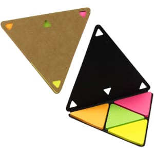 A triangular sticky note set in black and brown with pink, yellow, and green note sections, featuring a logo.