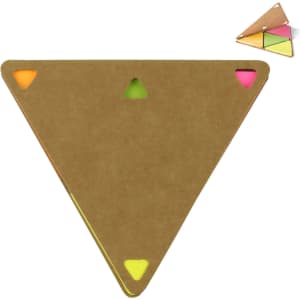 A triangular sticky note set in assorted neon colours, with a brown cardboard holder and a small triangular sticky note.