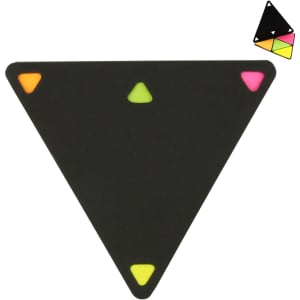 A triangular sticky note pad in black with neon pink, green, and orange corner accents. Features a small logo.