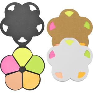 A set of flower-shaped sticky notes in pink, yellow, green, orange, and white, featuring a black and brown holder.