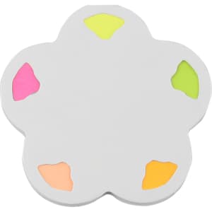 A floral-shaped sticky note pad in white, featuring bright pink, yellow, green, and orange sections. It has a logo.
