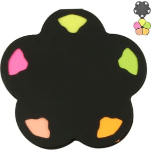 A flower-shaped sticky note pad in black with bright pink, orange, yellow, and green note sections. It has a logo.