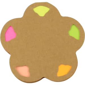 A flower-shaped sticky note set in a cardboard holder, featuring neon pink, green, orange, and peach notes.