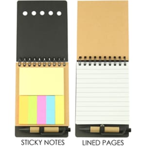 A notepad with a black cover, yellow, pink, and green sticky notes, and lined pages. Includes a pen.
