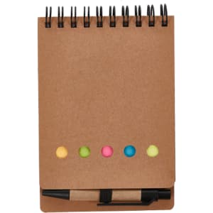A spiral-bound notepad in brown with a black pen and four colourful sticky note dots at the bottom.