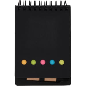 A black sticky note pad with a spiral binding, featuring colourful sticky dots and a pen.