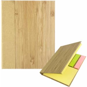 A bamboo sticky note set featuring a natural wood finish and vibrant yellow, pink, and green sticky notes inside.