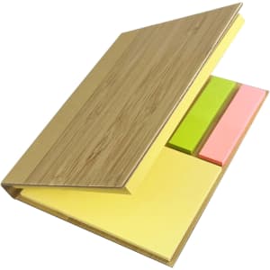 A bamboo sticky note set featuring yellow, pink, and green sticky notes in a sleek bamboo holder.