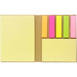 A bamboo sticky note set featuring yellow, pink, orange, green, and neon sticky flags, arranged in a light brown holder.