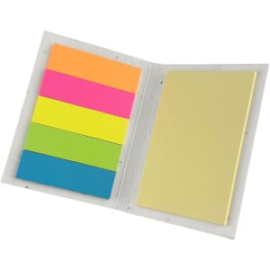 A sticky note pad featuring a variety of coloured sticky notes in pink, orange, green, blue, and a yellow notepad.