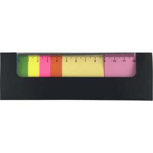 A ruler-shaped sticky note pad with fluorescent sticky notes in yellow, pink, orange, green, and a black cover.
