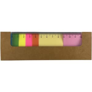 A sticky note pad featuring vibrant colours, including pink, yellow, green, and orange, inside a brown packaging.