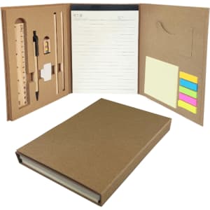 A stationery set featuring a notebook, ruler, pen, sticky notes in various colours, and a folder with a branded logo.