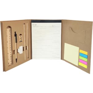 A memo stationery set in brown, featuring a notepad, ruler, pen, and sticky notes in various colours.