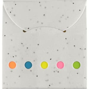 A square sticky note pad with a speckled white cover and colourful tabs in pink, yellow, blue, orange, and green.
