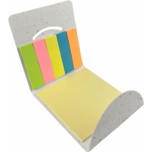 A sticky note pad with a white holder, featuring vibrant pink, green, orange, and yellow notes.