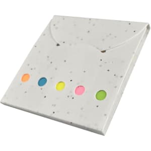 A sticky note pad in a speckled white case with five vibrant tabs in orange, blue, pink, yellow, and green.