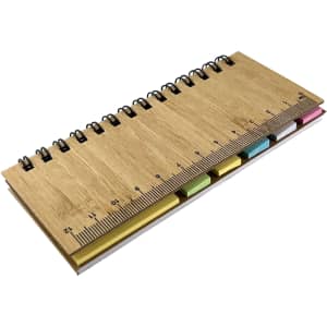 A bamboo sticky note pad featuring a wooden finish, spiral binding, and several coloured sticky notes along the bottom.