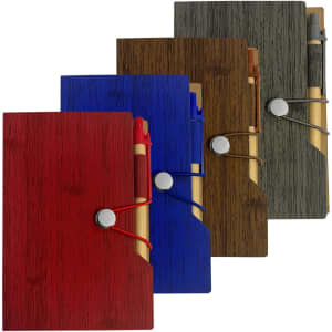 A set of four notebooks in red, blue, brown, and green with a pen attached, featuring a button closure.
