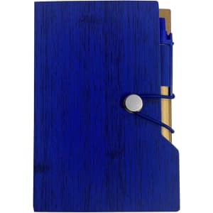 A blue sticky note pad with a wooden texture, featuring an elastic band and a pen holder. It has a simple logo.