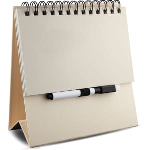 A beige Memo Whiteboard Notepad with a spiral binding and a black and white marker attached.