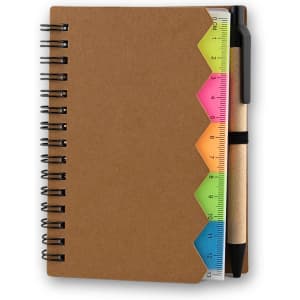 A brown spiral notebook with a colour-coded sticky note section and a black pen attached.