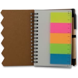 A brown notebook with spiral binding, featuring bright sticky note sections in neon pink, yellow, and green.