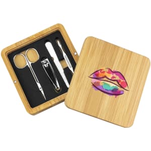 A bamboo manicure set with a colourful lips design, featuring scissors, a nail clipper, and other tools.