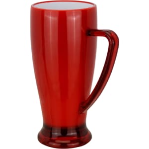 A red plastic mug with a curved handle and a wide base, featuring a smooth exterior and a glossy finish.