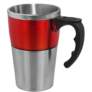 A travel mug with a shiny red exterior and a stainless steel base, featuring a black handle and a logo.