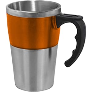 A travel mug featuring an orange upper section and a stainless steel lower section, with a black handle and branding.