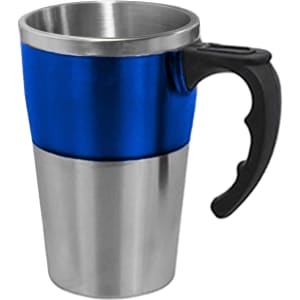 A travel mug featuring a stainless steel lower section and a vibrant blue upper section, with a black handle and a logo.