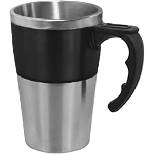A travel mug featuring a stainless steel base and a black plastic upper section, with a sturdy handle and logo.