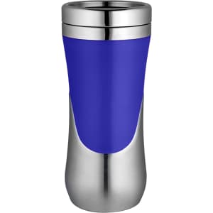 A travel mug featuring a blue body with a stainless steel base and rim, complemented by a sleek design and logo.