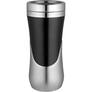 A travel mug in black and silver with a sleek design and a logo on the front.