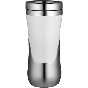 A travel mug with a sleek design, featuring a white body and silver stainless steel accents. It has a logo.