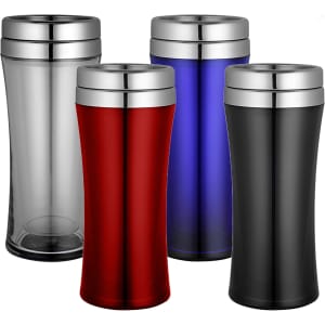 A drink bottle set featuring four travel mugs in clear, red, blue, and black with silver lids and a logo.