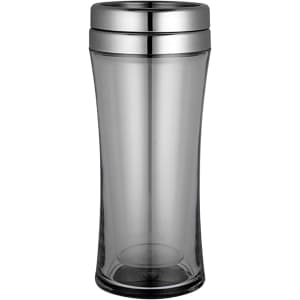 A travel mug in grey with a sleek, tapered design and a metallic lid, featuring a logo on the body.