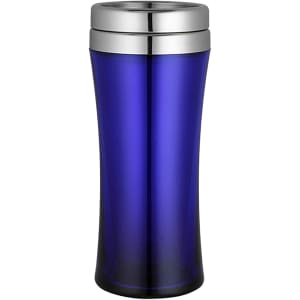 A travel mug in a vibrant blue colour with a silver trim and a sleek, modern design.