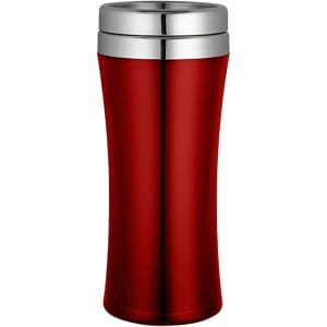 A travel mug in a vibrant red colour with a silver lid and a sleek, curved shape. It features a logo.