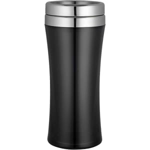 A travel mug in sleek black with a shiny silver lid and a smooth, curved design. It features a branding logo.