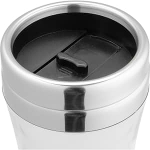 A travel mug with a polished silver exterior and a black flip-top lid. It features a logo on the front.