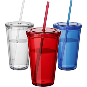 A set of three plastic tumblers in red, blue, and clear, each with a straw and a lid.