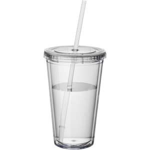 A clear plastic tumbler with a lid and straw, filled with water. The tumbler features a logo.