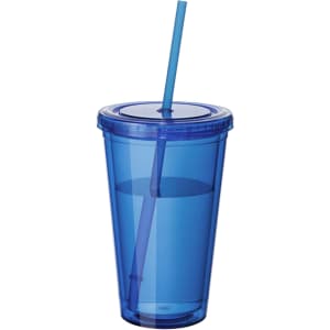 A drink bottle in bright blue featuring a lid and straw, designed for beverages.