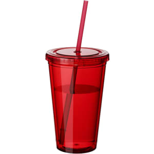 A drink tumbler in bright red featuring a straw and a secure lid, designed for cold beverages.