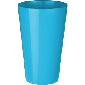 A blue plastic cup with a smooth finish and a simple design, featuring a logo.