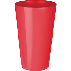 A red plastic cup with a smooth finish, featuring a simple design and a logo.