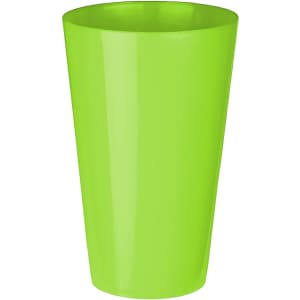 A bright green plastic cup with a smooth finish and a slightly tapered design. Features a logo on the side.